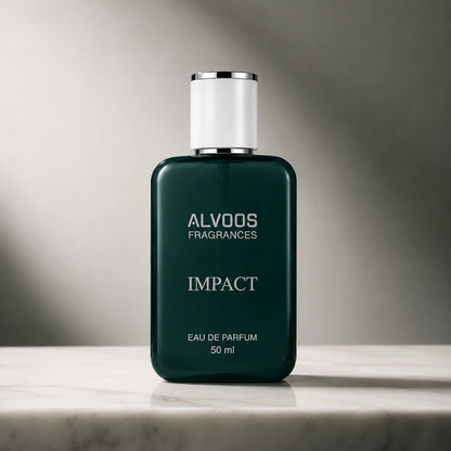 Close-up of 50 ml Impact fragrance bottle on marble.